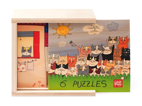 Dida - Holzpuzzle 3 große Teile für Kinder 1/2/3 Jahre oder älter - Katzen - 6 Puzzles mit 3 großen Fliesen - Montessori Lernspiele für Kinder. Entworfen von Nicoletta Costa.