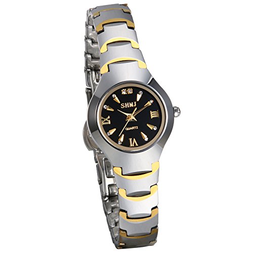 JewelryWe Partner Armbanduhr Analog Quarz Kalender Wolframcarbid Band Paar Uhren für Damen, Gold Silber