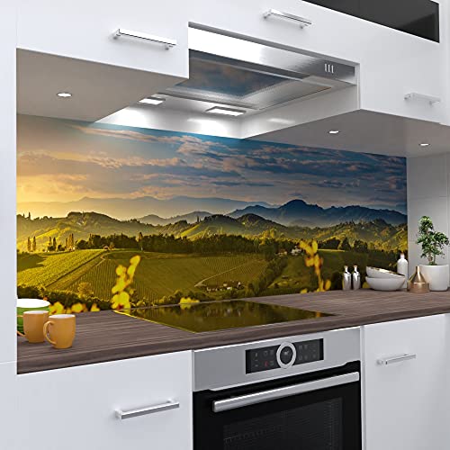 OneWheel | selbstklebende Küchenrückwand | 340x60 cm harte PVC Folie | Wandtattoo für Fliesenspiegel Design Landschaft Grün | Motiv: Weinlandschaft