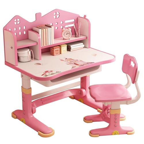 ohfruit Kinder-Tischstuhl-Set, multifunktionales Schreibtisch-Set mit Schubladen und Aufbewahrung, verstellbar, für Schule, Studium, Tisch, Stuhl, Set mit Muster, für Jungen und Mädchen, rosa Cartoon