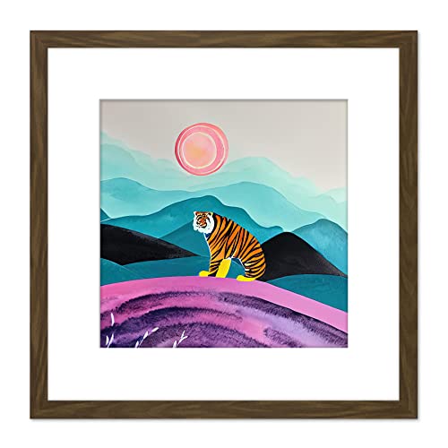 Wee Blue Coo Surreal Bengal Tiger Hunts Under A Pink Moon Square Wooden Framed Wall Art Print Picture 9X9 Inch
