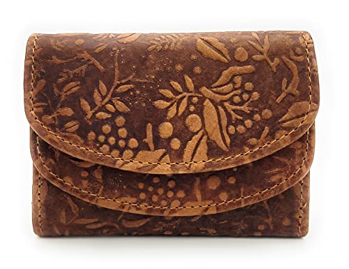 Hill Burry kleine echt Leder Damen Geldbörse Portemonnaie floral mit RFID / NFC Schutz (Cognac Braun)