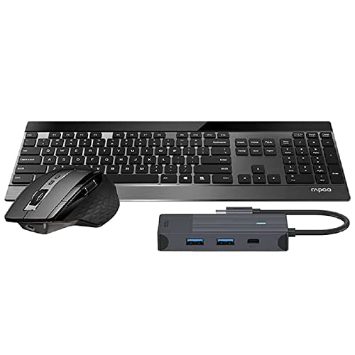 Rapoo 9900M kabelloses Tastatur Maus Set, Bluetooth und Wireless via USB, flaches 4mm Metalldesign, DE-Layout QWERTZ + 4in1 USB-C Multiport Adapter, 100W Power Delivery, 4K HDMI, 2 USB-A 3.0 Ports