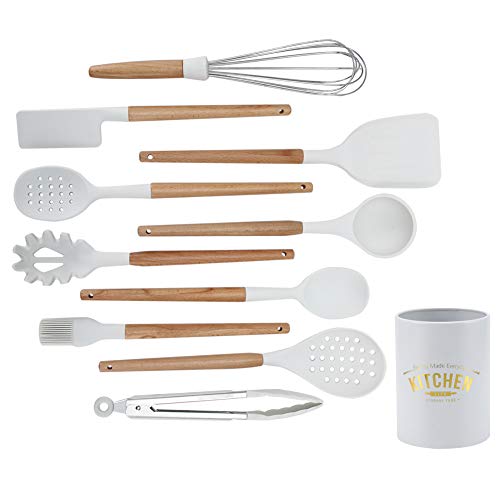 Silikon-Küchenutensilien-Set, 12 Stück Antihaft-Kochutensilien mit ‑30‑230 ℃ Temperaturbeständigkeit Küchen-Spatel-Löffel Werkzeuge Weiß