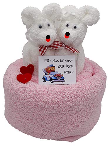 Frotteebox Geschenk Set Bären Hochzeitspaar aus 1x Handtuch rosa (100x50cm) und 2X Waschhandschuh weiß geformt