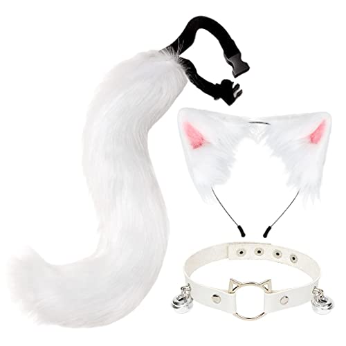 Long Tail Ears Hairhoop und Choker Set Halloween Christmas Fancy Party Kostüm Spielzeug Geschenk für Frauen, Weiß