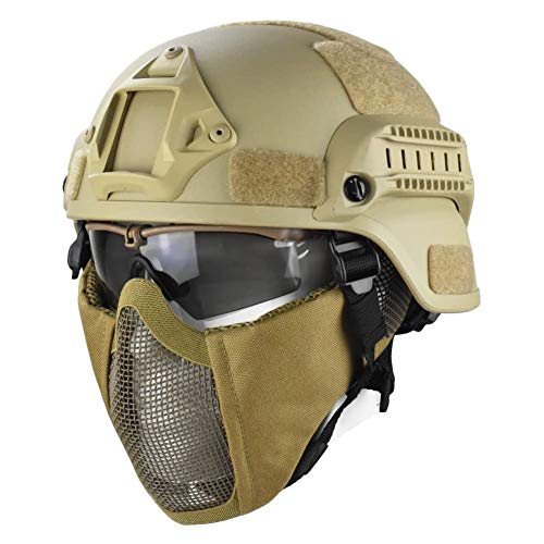 WLXW Mich 2000 Stil ACH Taktische Helm Mit Protect Ear Faltbare Doppelriemen Halb Gesicht Mesh Maske & Schutzbrille, Für Airsoft Paintball Gun,Tan