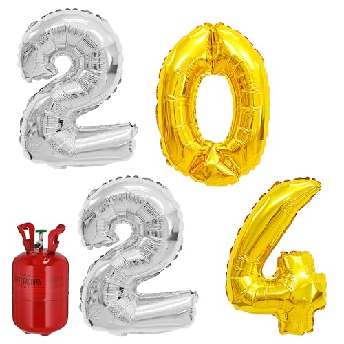 Ballongas Set 2024 Folienballon Zahlen 2x2 silber 1x0 + 1x4 gold | Heliumflasche 140L Gasfüllung für 20 Ballons (1 x Ballongas-Set 2024)