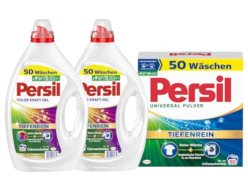 PERSIL-Set Pulver 1x 50 Waschladungen Universal & Kraft-Gel 2x 50 Waschladungen (100WL) Color, Voll- & Colorwaschmittel-Set für reine Wäsche und hygienische Frische für die Maschine