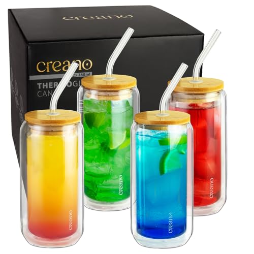 Creano doppelwandige Trinkgläser mit Bambusdeckel & Strohhalm 360ml - Smoothie Becher - Bubble Tea - Cocktailglas - 4er Set