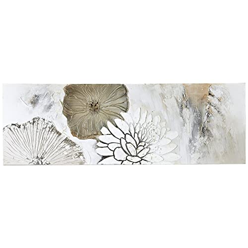 Pureday Bild auf Leinwand Motiv Blumen - Wanddeko in hamonischen Farben - handgemaltes Leinwandbild im großen Querformat - Kunst in Creme, Weiß, Beige - ca. B150 x B50 cm