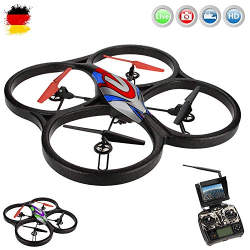 XXL 5.8GHz FPV PRO - 4.5 Kanal RC ferngesteuerter Quadcopter 3D Drohne mit Live-Kamera Monitor, Automatische Rückholfunktion, Komplett-Set inkl. HD Kamera-Set, FPV-Monitor, Akku, Ersatzteil-Set, RTF