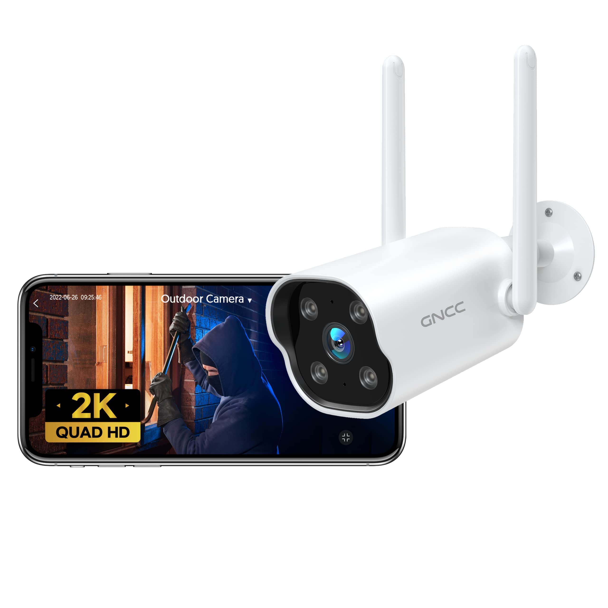 GNCC 2K Überwachungskamera Aussen mit Bewegungsalarm, Kamera Überwachung Aussen WLAN IP Kamera, Smart Bewegungs-/Geräuscherkennung, Zwei-Wege-Audio, IP65 Wetterfest, Work with iOS/Android(T1Pro)
