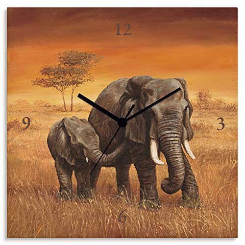 Artland Wanduhr ohne Tickgeräusche Leinwanduhr als Quarzuhr lautlos 30x30 cm A. S. Elefanten T4JT