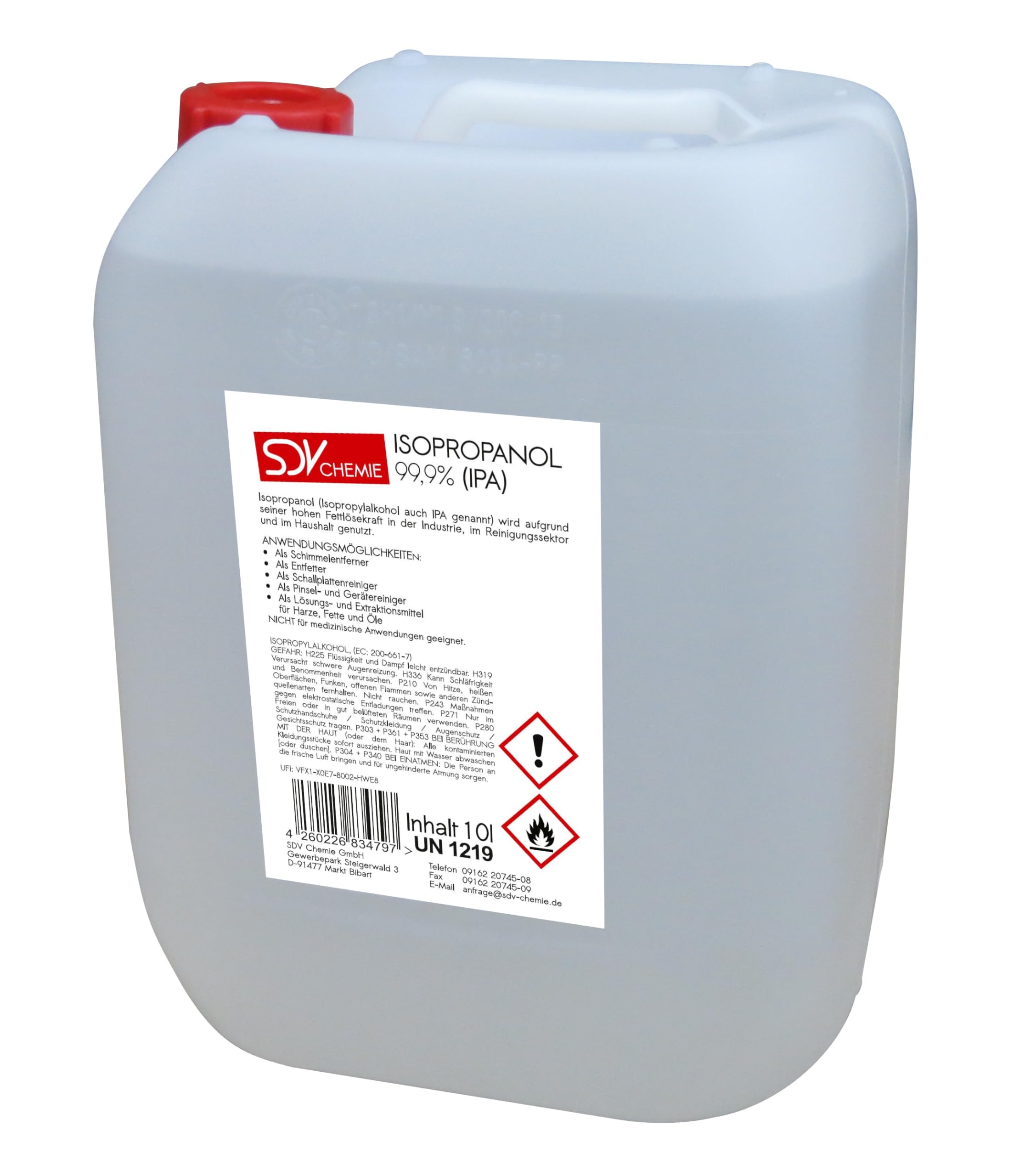 SDV Chemie Isopropanol Isopropylalkohol IPA 2-Propanol 99,9% 1x 10 Liter 10L Cleaner