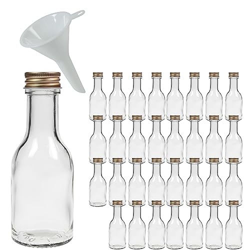 Viva Haushaltswaren - 32 x leere Glasflasche 100 ml mit goldfarbenem Schraubverschluss, als kleine Schnapsflaschen & Likörflaschen verwendbar (inkl. Trichter Ø 5 cm)