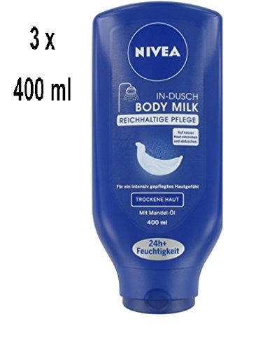 3 x NIVEA Bodymilch In-Dusch"Body Milk" - für trockene Haut - 400 ml