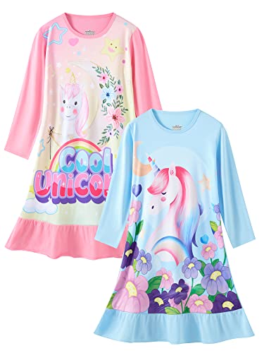 LOLPIP Mädchen Nachtkleid Einhorn Nachtwäsche Langarm Pyjama Nachthemd Kleid für Kinder Nachtwäsche für Mädchen Nachthemd 7-8 Jahre