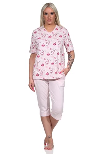 NORMANN-Wäschefabrik Damen Kurzarm Capri Schlafanzug in Herz Motiv Optik - auch in Übergrössen - 122 204 815, Farbe:rosa, Größe:40-42