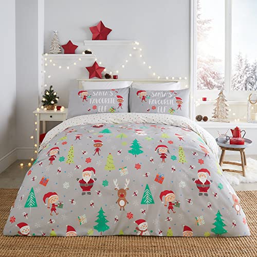 Fusion Bettwäsche-Set mit Weihnachtsmotiv, Elfe und Weihnachtsmann, wendbar, für Doppelbett, Grau