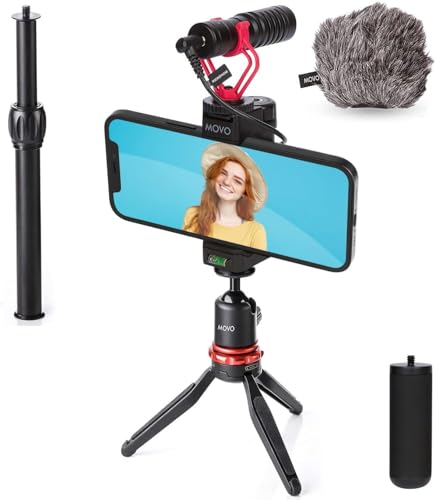 Movo VXR10+ Smartphone Video Rig mit Mini Stativ, Phone Grip und Video Mikrofon Kompatibel mit iPhone 13, 12, 11, 11 Pro, XS, XR, X, 8, 7, und Android - für YouTube, Tik Tok, Filmen, Vlogging