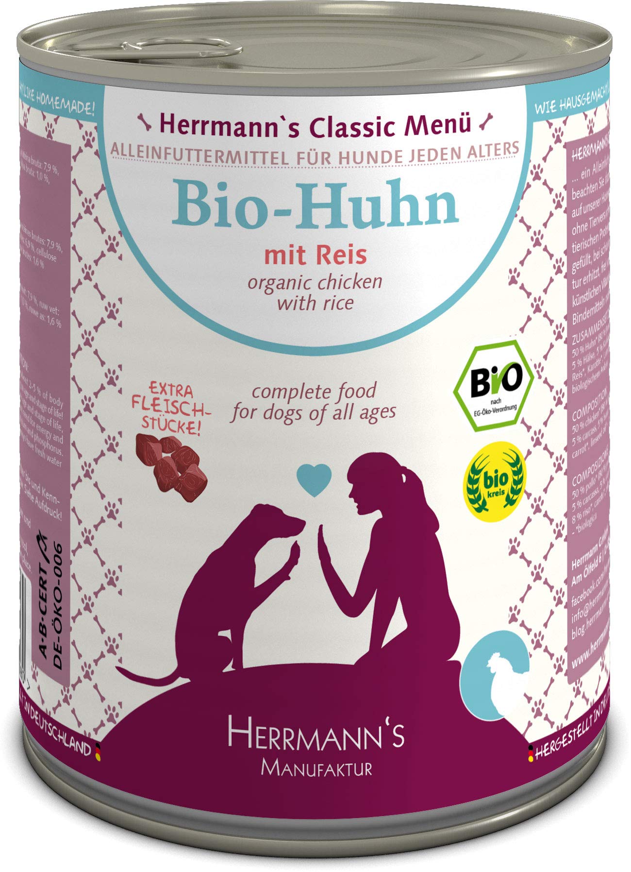 Herrmanns Bio Hundefutter Huhn Menu 1 mit Reis, Karotte 800 g, 6er Pack (6 x 800 g)
