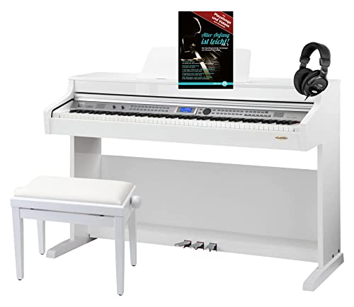Classic Cantabile DP-A 410 WH E-Piano Set inkl. Bank, Kopfhörer und Schule (Digitalpiano 88 Tasten Hammermechanik, Kopfhöreranschluss, USB, Begleitautomatik, Pedale, inkl. Noten und Hocker) weiß glanz