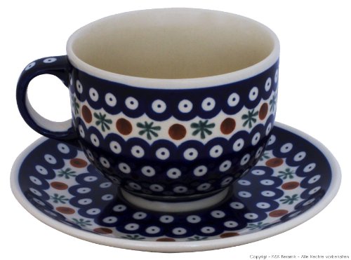 Bunzlauer Keramik Tasse mit Untertasse (Milchkaffeetasse) 0.5 Liter Dekor 41