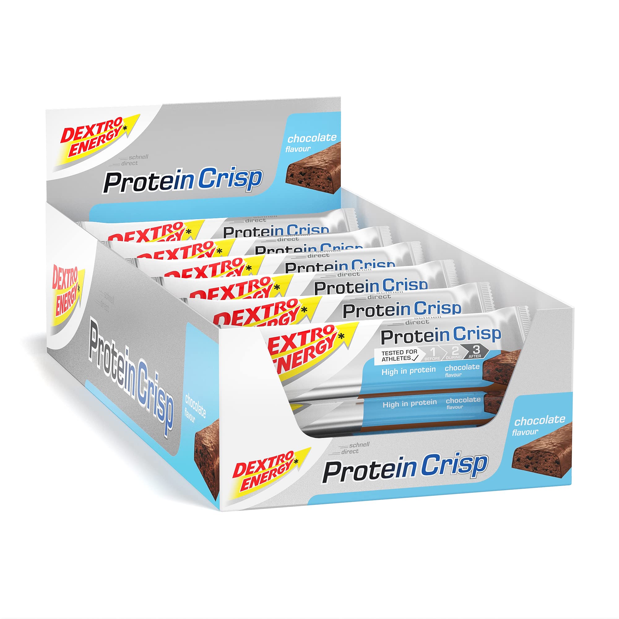 DEXTRO ENERGY PROTEIN CRISP SCHOKOLADE - 24x50g (24er Pack) - Audauer Protein Bar mit 3:1 Verhältnis von Kohlenhydraten und Protein, Eiweißriegel für Workout und Regeneration, Glutenfrei