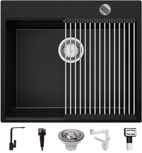 Küchenspüle Schwarz 59x50 cm, Spülbecken + Ablauf-Set (Drehknopf) + Küchenarmatur 8000, Granitspüle für 60er Unterschrank, Einbauspüle von Primagran