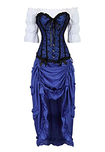 Josamogre Steampunk Corsagenkleid Corsage korsett bustier kleider Kostüm Spitzenrock und Bluse für Karneval Fasching Halloween Blau 3XL