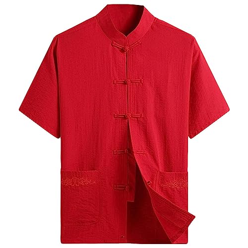 G-like Herren Sommer Kleidung Hemd – Traditioneller Chinesischer Tang Stil Shirt Kampfkunst Kung Fu Tai Chi Trainingskleidung Freizeithemd Bestickte Kurzärmelige Tops für Männer (Rot, M)