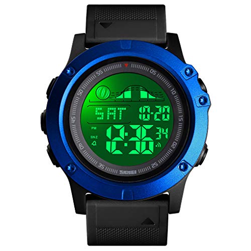 FeiWen Herrenuhr Outdoor 50M Wasserdicht Sportuhr LED Elektronik Licht Doppelte Zeit Alarm Stoppuhr Militär Digitaluhr Plastik Lünetten mit Kautschuk Band Armbanduhr (Blau)