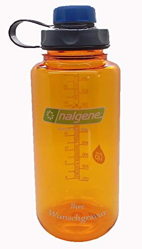 Nalgene Flasche 'Everyday Weithals' - 1 L mit 'capCAP'-Deckel (Clementine, mit Namensgravur, Deckel blau)