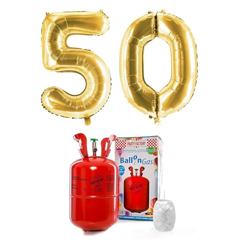 PARTY FACTORY Helium Set "50" mit XXL Zahlenballons, Ballongas und Ballonschnur - für Geburtstag, Jubiläum, Jahrestag; Gold, Silber, Schwarz, Pink, Rosa, Rosagold, Bunt (Gold)