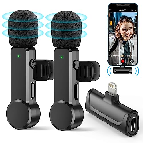 Wireless Lavalier Mikrofon für iPhone iPad, 2er Mini Microphone mit Rauschunterdrückung mit Zubehör,Latenzfreie Synchronisation, für YouTube,TikTok,Aufnahme,Live Streaming(2 IN1/IOS Keine APP)