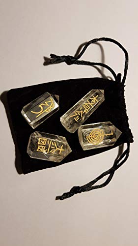 Animus Imperat 4 Bergkristall Bruchspitzen mit eingravierten Reiki Schriftzeichen und Säckchen