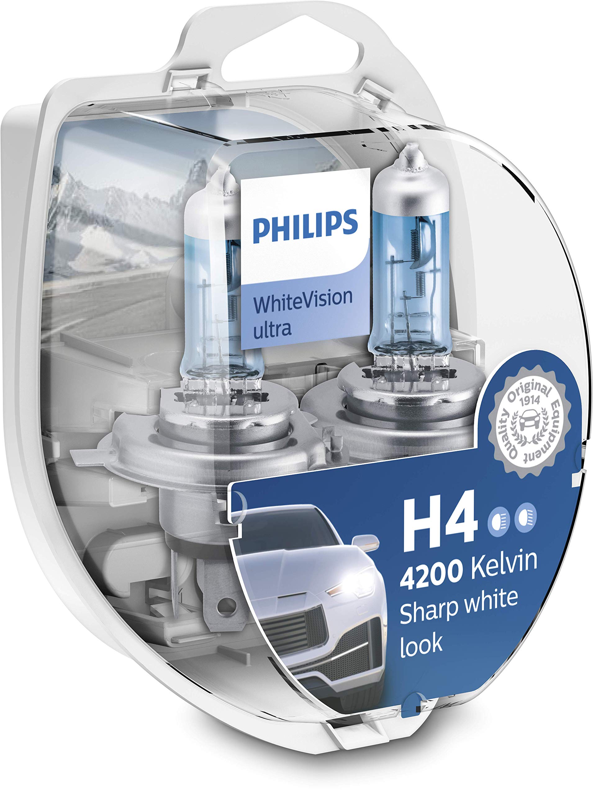 Philips WhiteVision ultra H4 Scheinwerferlampe, 4.200K, Doppelset Weiß Halogen