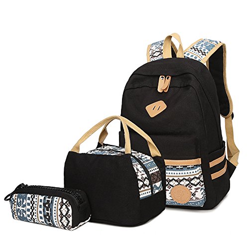 Neuleben Schulrucksack + Kühltasche + Mäppchen Schultaschen 3 Set aus Canvas für Jungen Mädchen in der Schule Freizeit (Schwarz C)