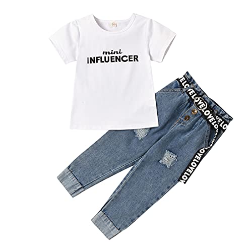 Kleinkind Baby Mädchen Kleidung Set Kurzarm Mini Influencer Bluse T-Shirt Tops + Zerrissene Jeans mit Gürtel 2Pcs Sommer Outfit