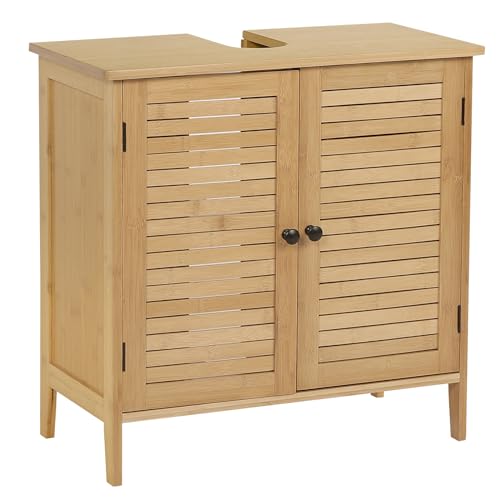 eSituro SBP0025 Waschbeckenunterschrank Badschrank mit Siphonausschnitt Waschtischschrank Badzimmerschrank Badregal Stehschrank Aufbewahrungsschrank verstellbare Ebene aus Bambus Natur