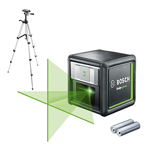 Bosch Kreuzlinienlaser Quigo green Set (2x Batterien, grüne Laserdiode, Arbeitsbereich: 12 Meter, im Karton, Grün Laser mit Stativ )