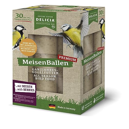 DELICIA® Premium MeisenBallen mit Beeren (30 St. ohne Netz) · Meisenknödel mit Aufhänger · Fettblock für Gartenvögel & Wildvögel · Vogelfutter Knödel · Körnerkugel zum Aufhängen