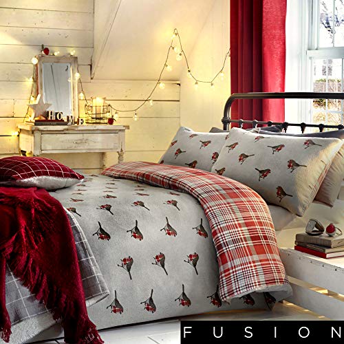 Fusion Robin Classic Tartan-Vorder- und Vogel-Rückseiten-Bettbezug-Set, Baumwolle, Mehrfarbig, King Size