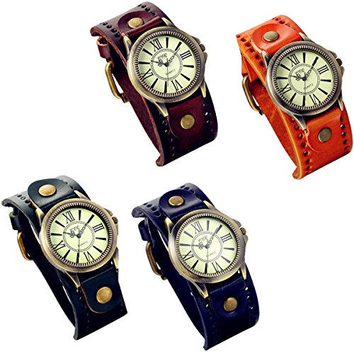 Lancardo 4pcs Herren Damen Armbanduhr, Klassische Casual Analog Quarz Uhr mit römische Ziffern Zifferblatt, Leder Armband, schwarz braun marineblau