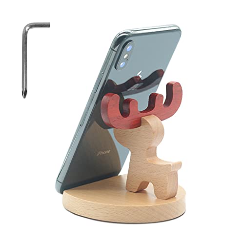 Bounabay Wooden Cell Phone Stand, Universal Desktop Animal Phone Stand Portable Mobile Tablet Holder, Desk Decoration Wood Dog/Deer/Chicken/Pony, Gifts (Hirsch)