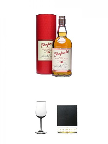 Glenfarclas 10 Jahre Single Malt Whisky 0,7 Liter + Whisky Nosing Gläser Kelchglas Bugatti mit Eichstrich 2cl und 4cl 1 Stück + Schiefer Glasuntersetzer eckig ca. 9,5 cm Durchmesser