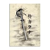 DaanaH Japanisches Samurai Schwert Retro Poster Tintenstil Wand Bilder Samurai Messer Leinwand Bild Wohnzimmer Schlafzimmer Geschenkdekor Japan Retro Bilder （Kein Rahmen）