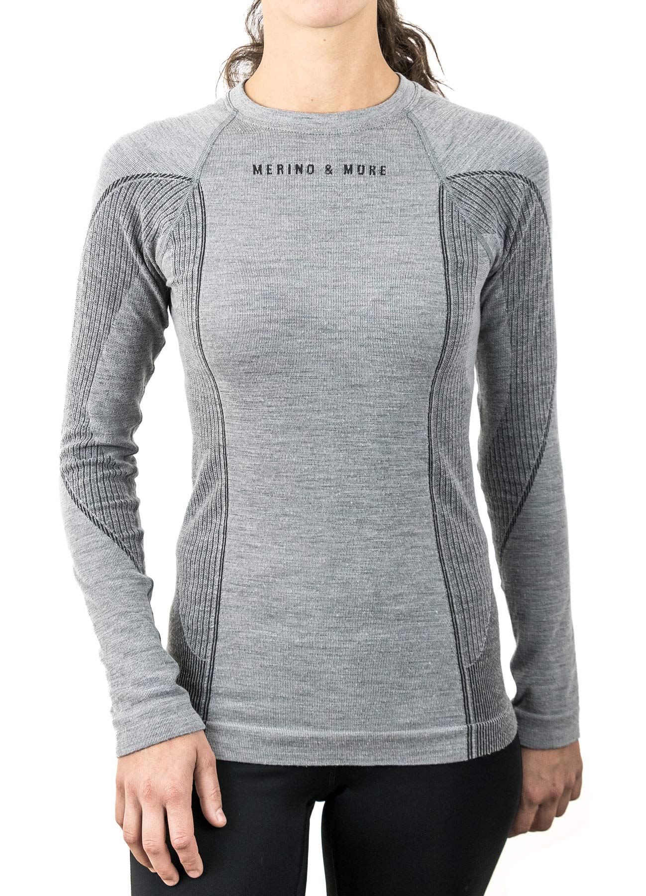 Merino & More Merino Shirt Damen Langarm - Premium Funktionsunterwäsche aus Merinowolle - Sport - Langarm - Funktionsunterhemd schwarz-grau Gr. M