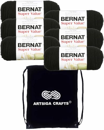 Bernat Super Value Solid Black 164053-7421 (6 Knäuel – gleiche Farbmenge) Kammgarn zum Häkeln und Stricken, Kammgarn Nr. 4, Bündel mit 1 Artsiga Craft-Projekttasche